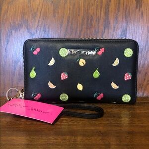NWT-Betsey Johnson-Fruit🍒🍋🍊🍐🍓🍑Embroidered-Large Zip Around Wristlet Wallet-$58